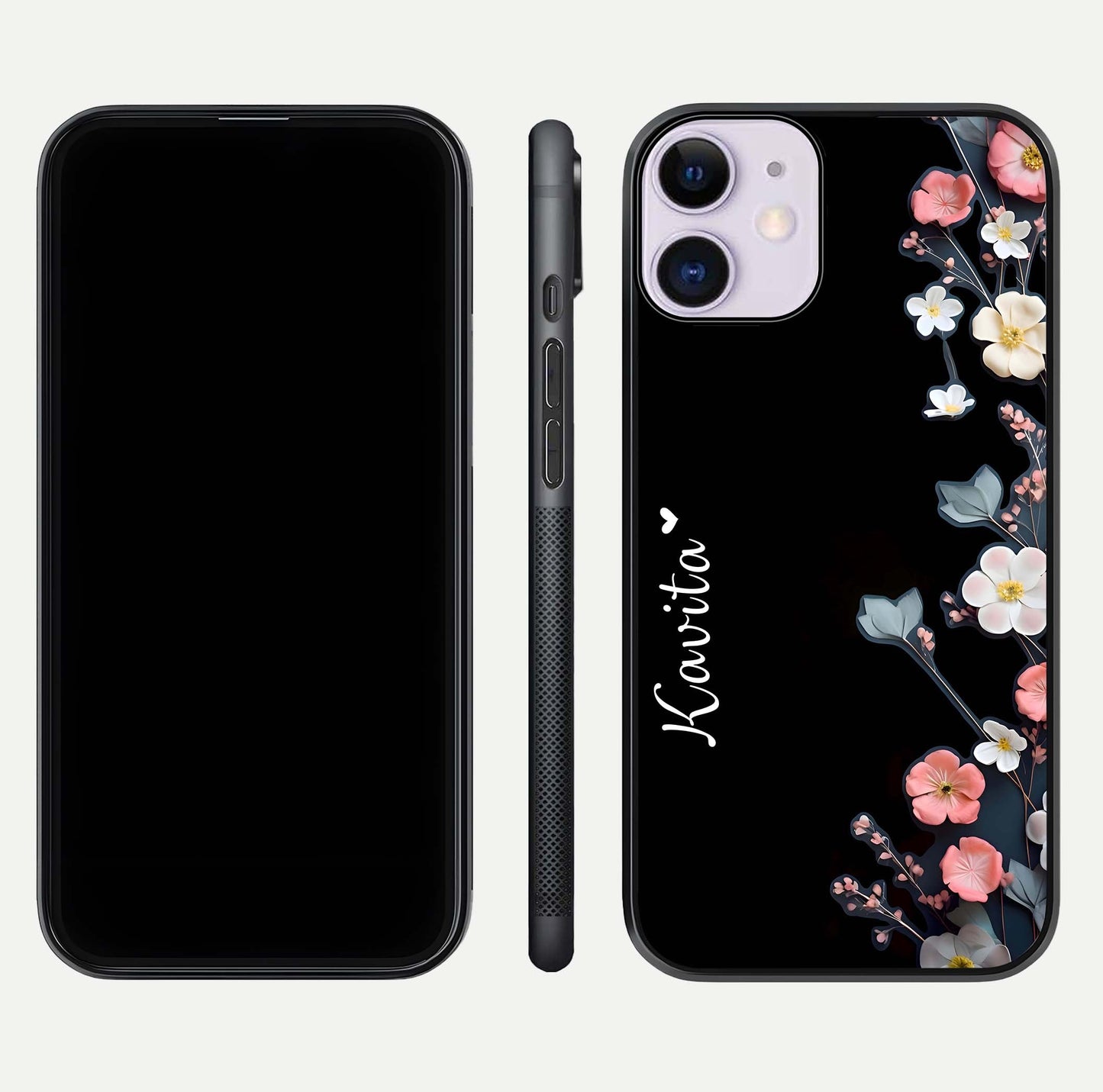 Black Elegance Floral Custom Name Glass Case for iPhone 11 dual-view layout displaying name placement and gloss finish