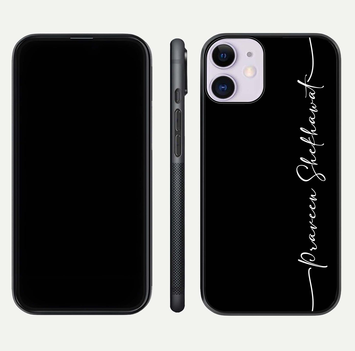 Black Tune Custom Name Glass Case for iPhone 11 front-and-back layout showing personalized name zone and edges