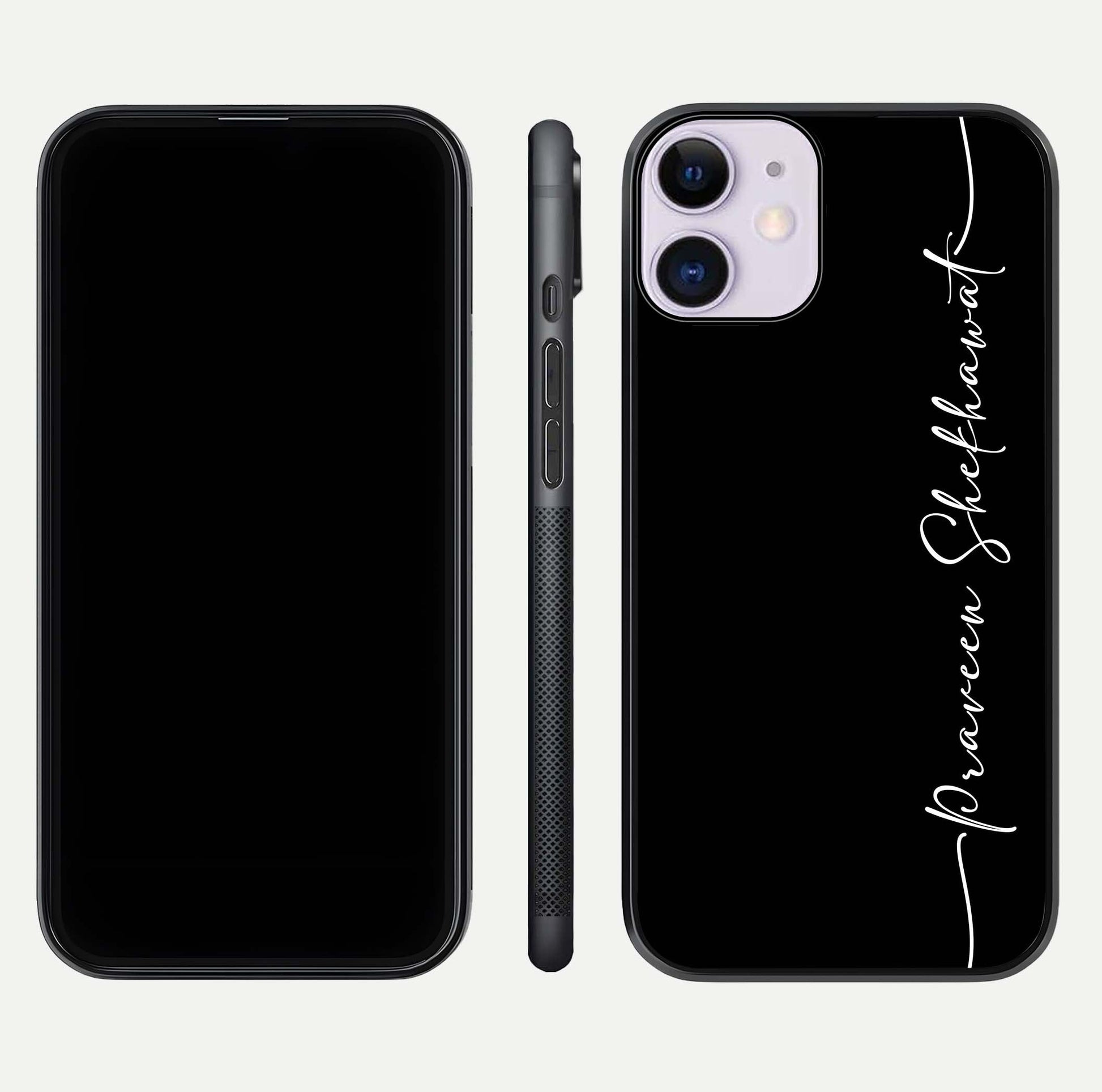 Black Tune Custom Name Glass Case for iPhone 11 front-and-back layout showing personalized name zone and edges