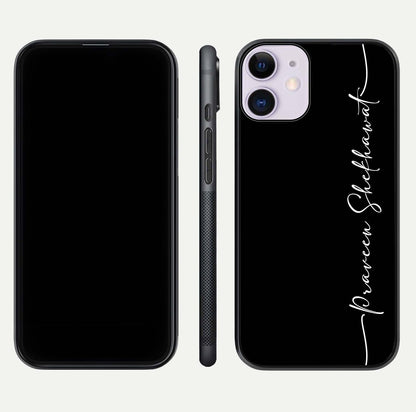 Black Tune Custom Name Glass Case for iPhone 11 front-and-back layout showing personalized name zone and edges