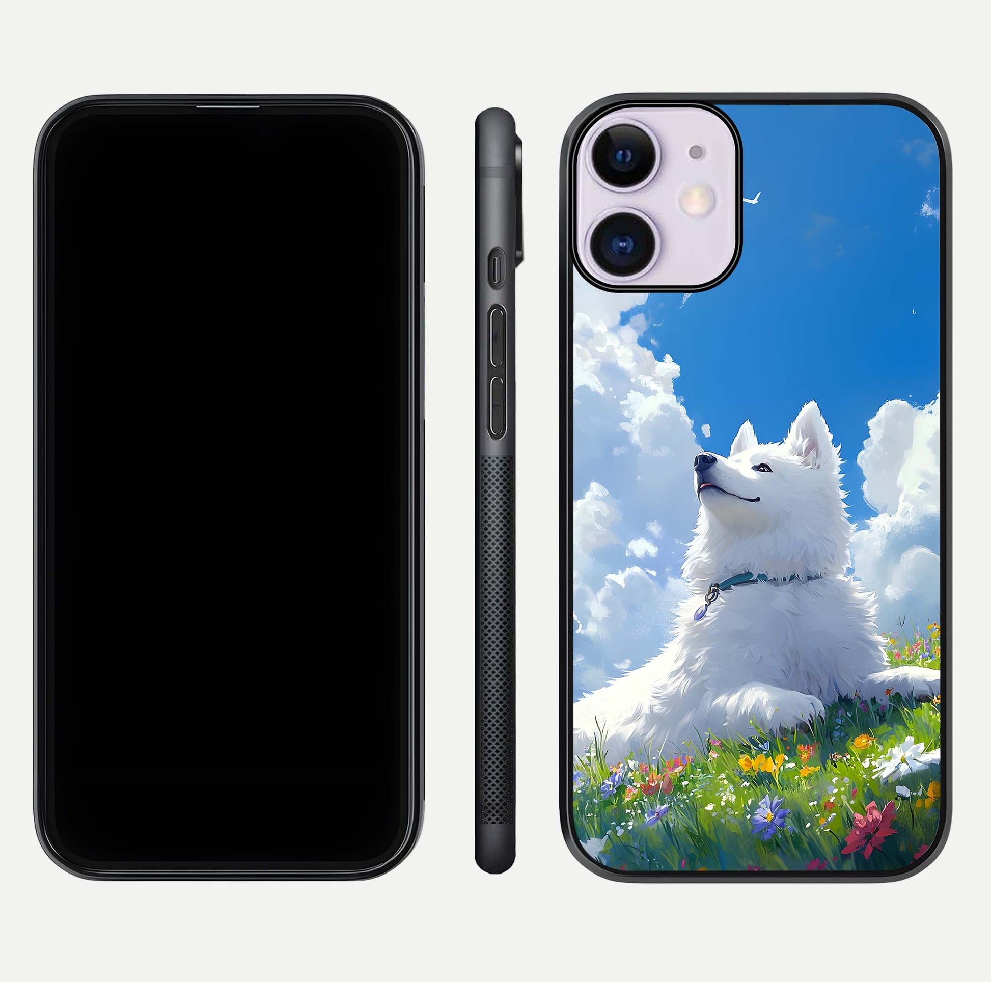 Blissful Cloud Pup Glass Case for iPhone 11 front-and-back layout showing art alignment and edge design