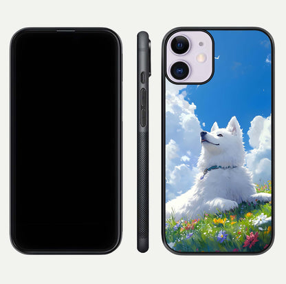 Blissful Cloud Pup Glass Case for iPhone 11 front-and-back layout showing art alignment and edge design