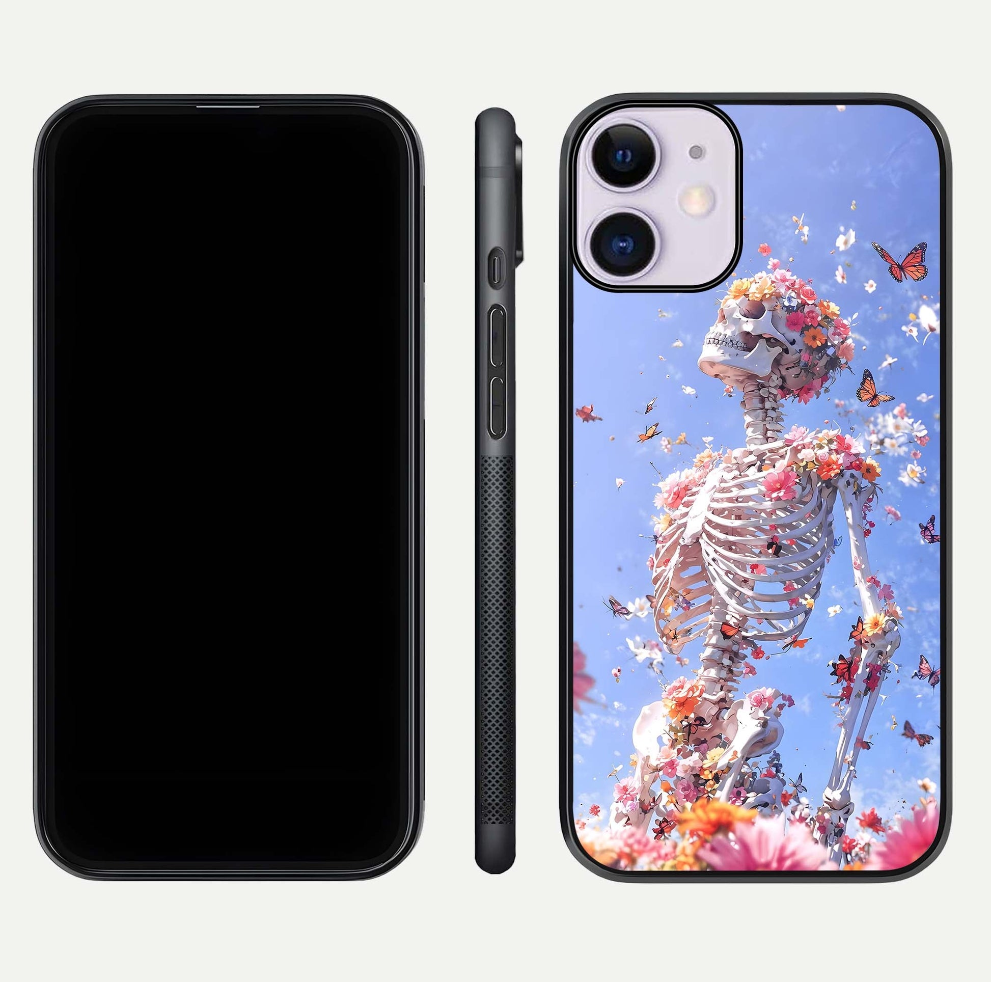 Bloom Beyond Bones Glass Case for iPhone 11 dual-view layout showing creative aesthetic and edge design