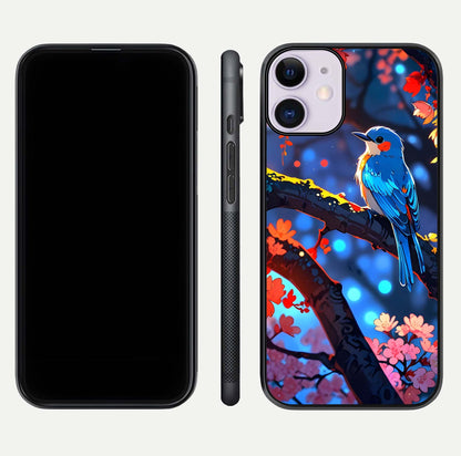 Blooming Spendor Bird Glass Case for iPhone 11 front-and-back view showing nature print and protective edge