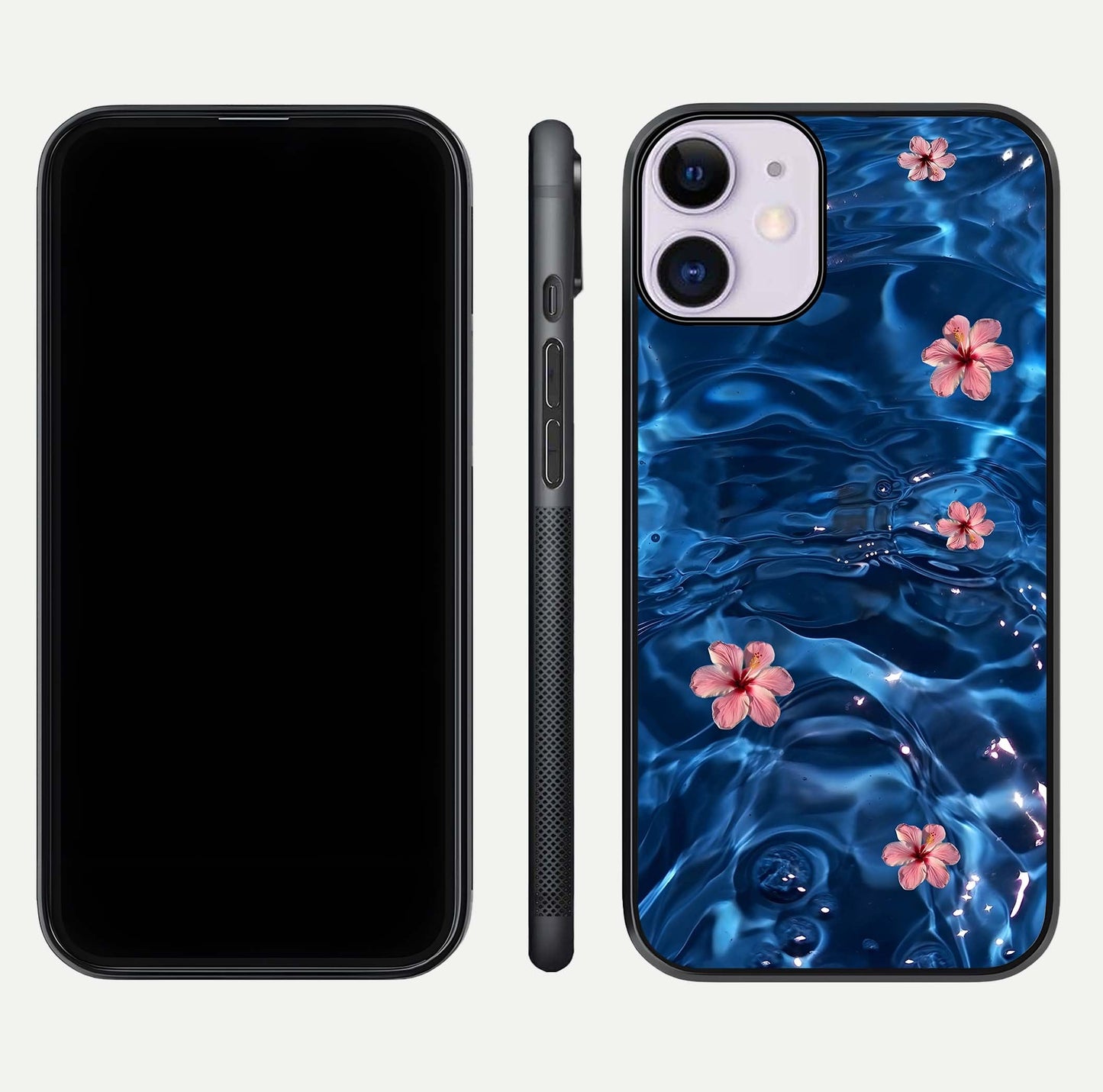 Blooming Water Drift Glass Case for iPhone 11 front-and-back layout highlighting edge design and serene water bloom art