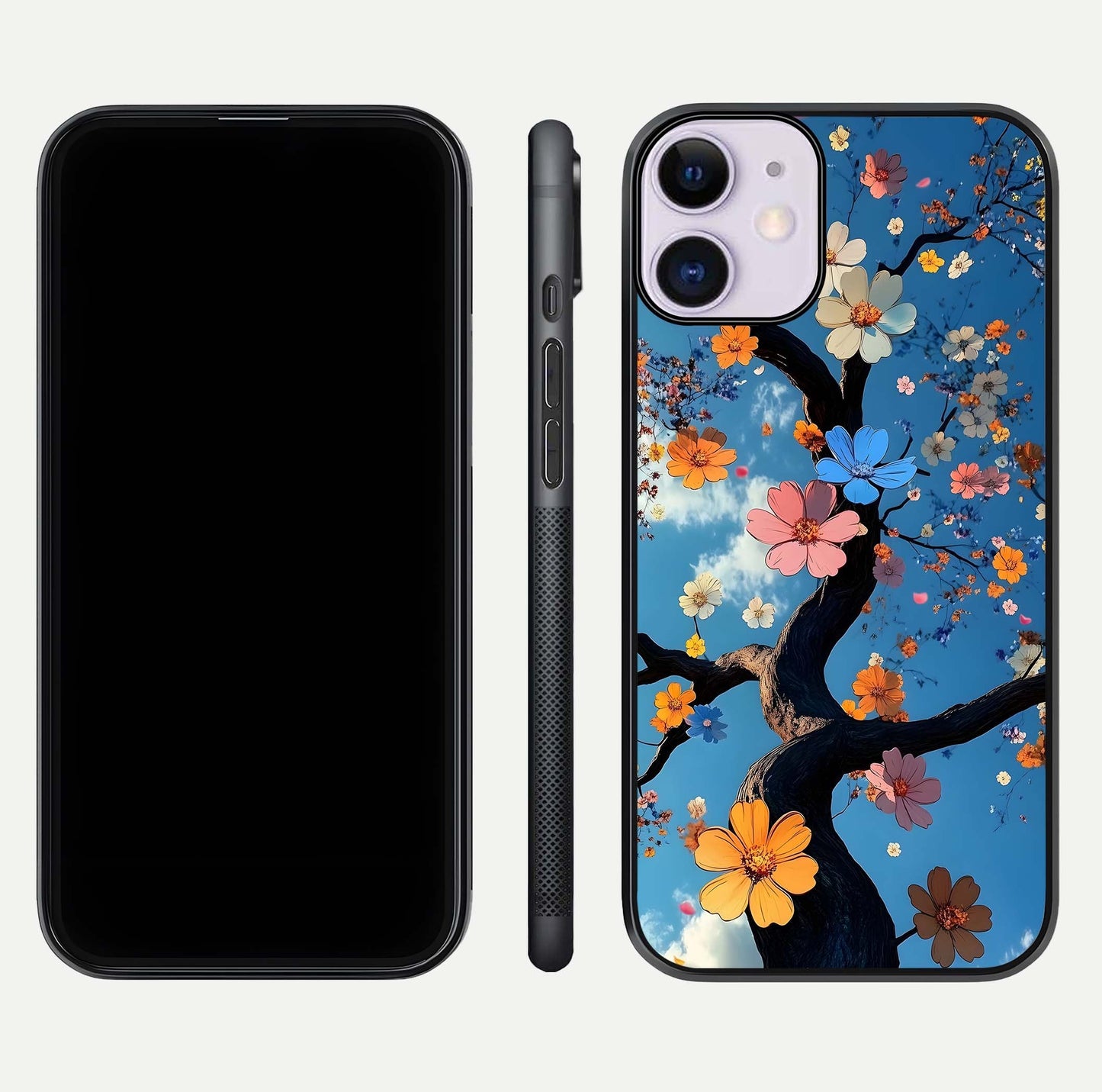 Blossom Dream Sky Glass Case for iPhone 11 front-and-back layout showing floral print and premium edge gloss