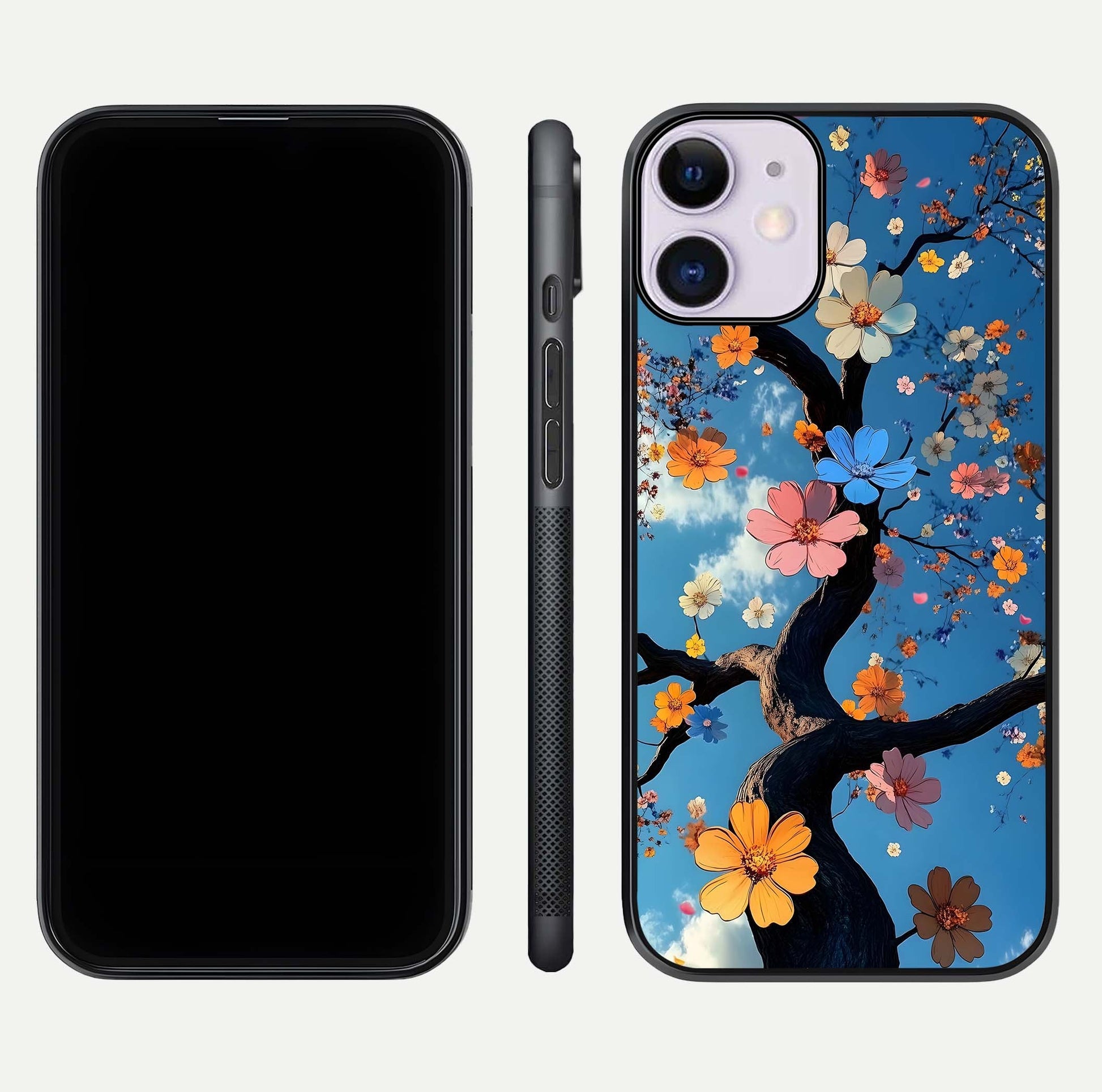 Blossom Dream Sky Glass Case for iPhone 11 front-and-back layout showing floral print and premium edge gloss