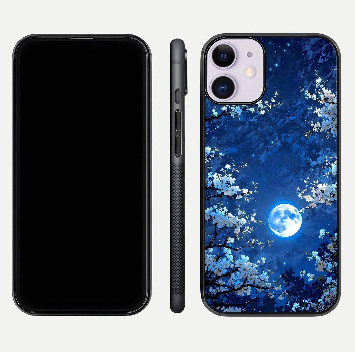 Blossom Moonlight Sky Glass Case for iPhone 11 dual-view layout highlighting sky gradient and floral composition