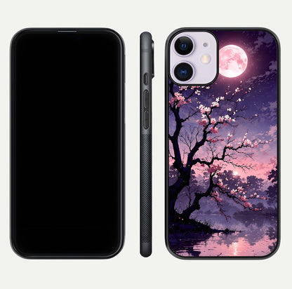 Blossom Pink Moon Glass Case for iPhone 11 front-and-back layout showing minimal edges and artistic flower print