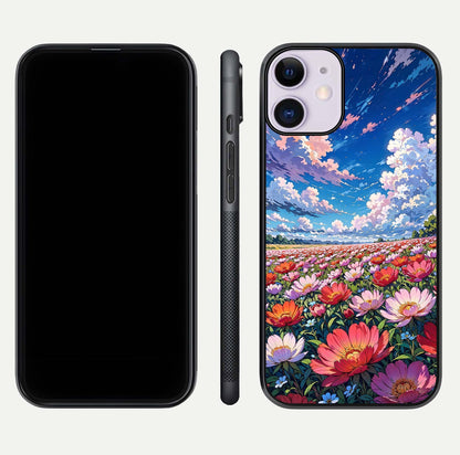 Blossom Sky Field Glass Case for iPhone 11 front-and-back layout highlighting design edges and gloss clarity