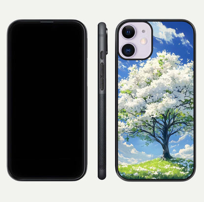 Blossom Sky Serenity Glass Case for iPhone 11 dual-view layout showing pastel hues and soft protective edges