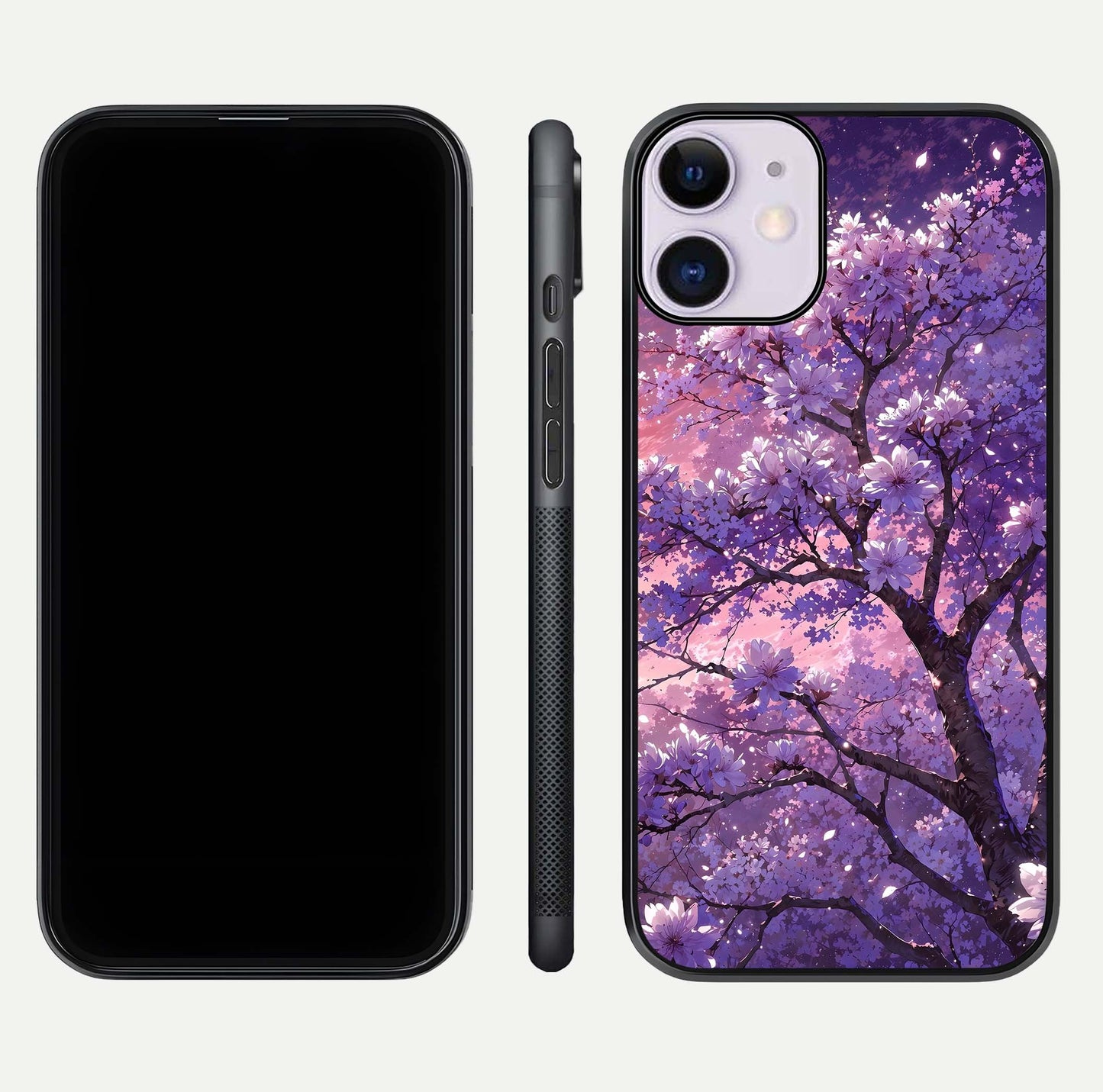 Blossom Tree Glass Case for iPhone 11 front-and-back layout showing art alignment and gloss reflection