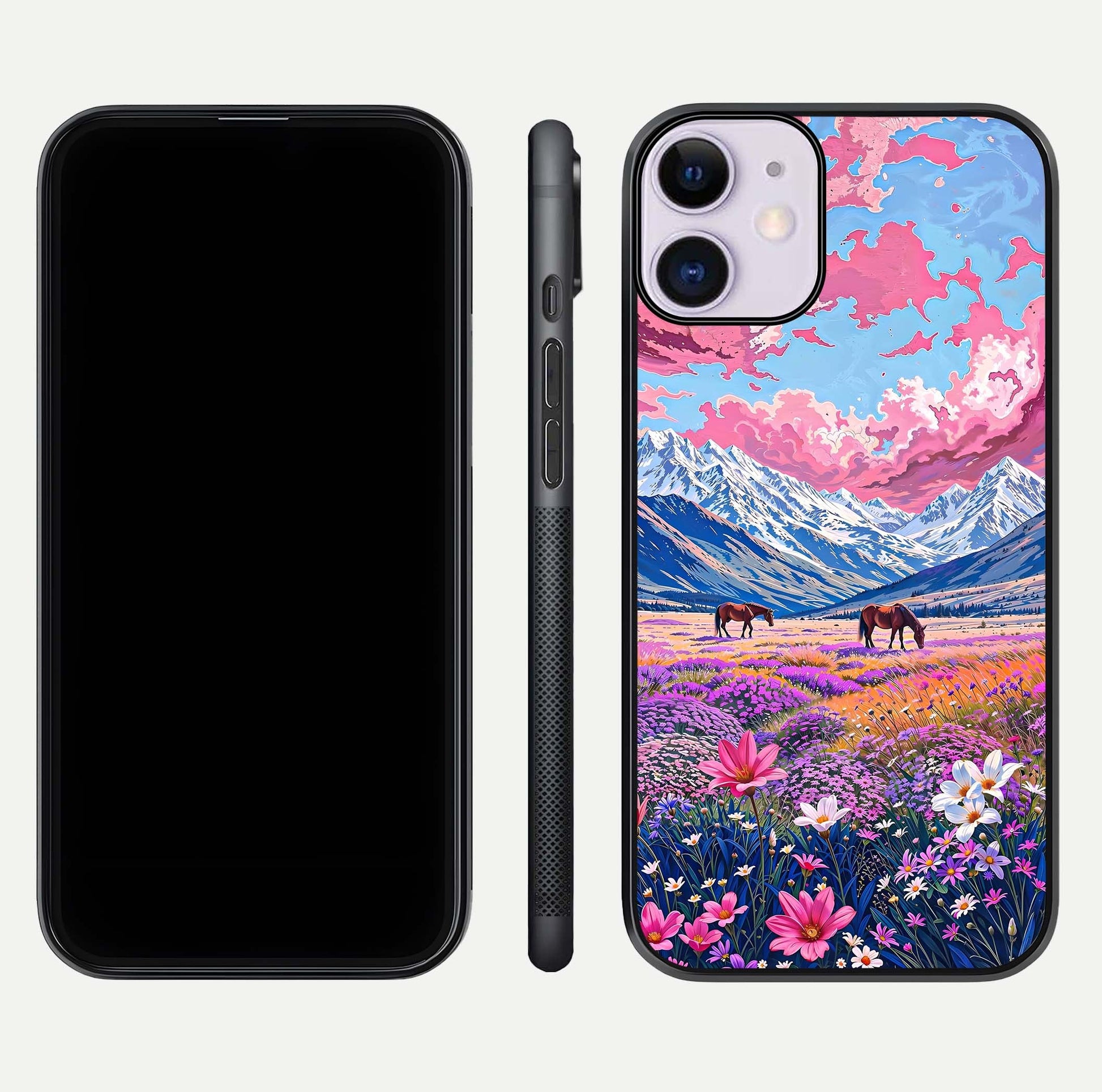 Blossom Valley Dream Glass Case for iPhone 11 front-and-back layout highlighting glossy reflection and edge cut