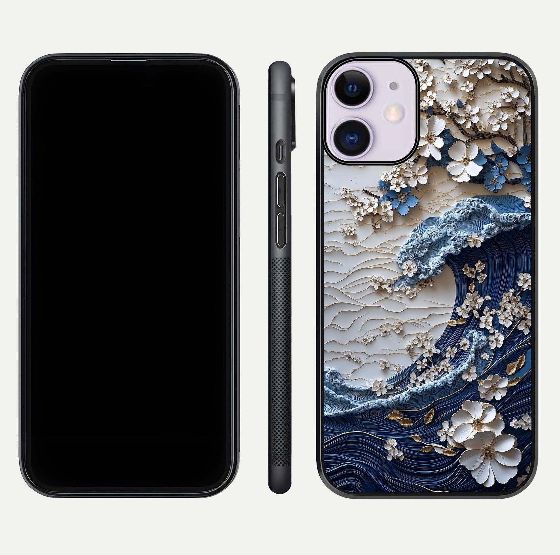 Blossom Wave Art Glass Case for iPhone 11 front-and-back layout showing curved design and glass clarity