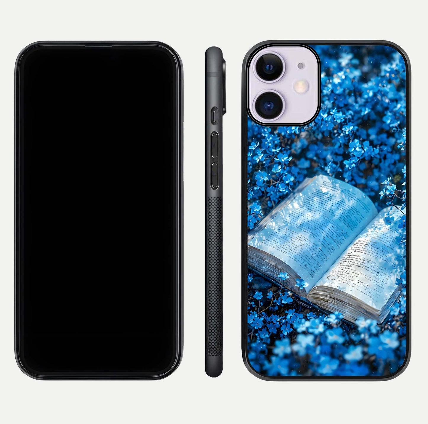 Blue Bloom Tales Glass Case for iPhone 11 dual-view layout highlighting shine, floral print, and smooth edges