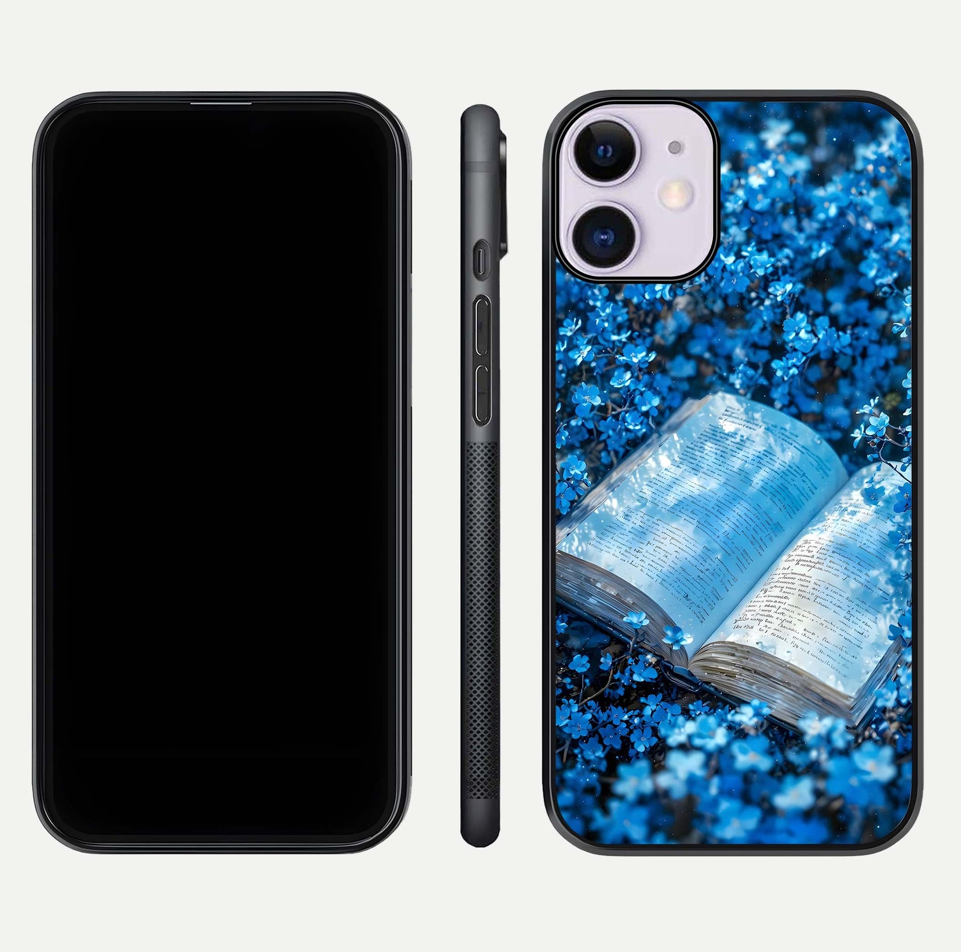 Blue Bloom Tales Glass Case for iPhone 11 dual-view layout highlighting shine, floral print, and smooth edges