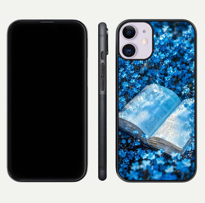 Blue Bloom Tales Glass Case for iPhone 11 dual-view layout highlighting shine, floral print, and smooth edges