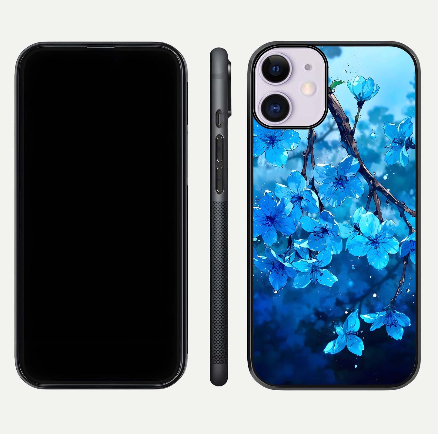 Blue Blossoms Branch Glass Case for iPhone 11 dual-view layout displaying floral art and sleek protective frame