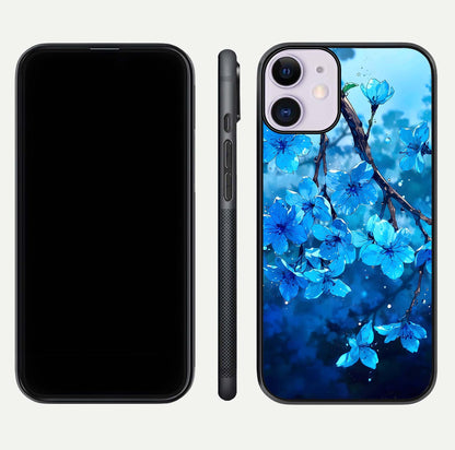 Blue Blossoms Branch Glass Case for iPhone 11 dual-view layout displaying floral art and sleek protective frame