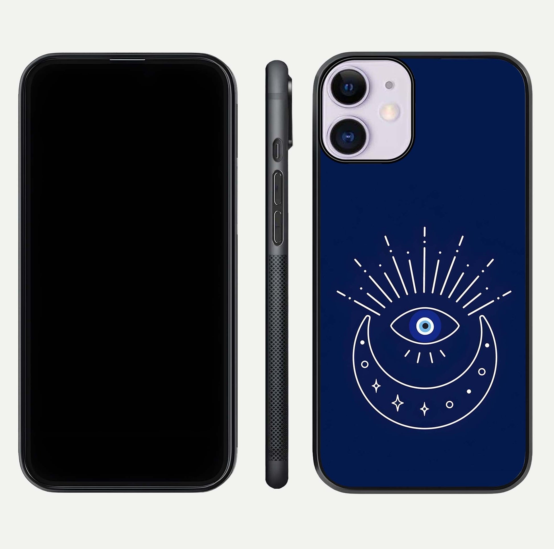 Blue Evil Eye Glass Case for iPhone 11 front-and-back layout showing blue aura design and curved-edge clarity