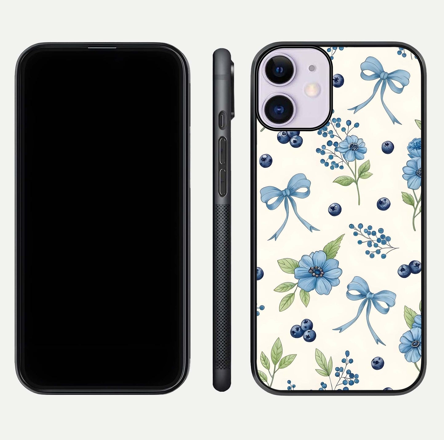 Blue Flower & Bow Glass Case for iPhone 11 dual-view layout showing balanced pattern and smooth edges