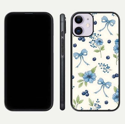 Blue Flower & Bow Glass Case for iPhone 11 dual-view layout showing balanced pattern and smooth edges
