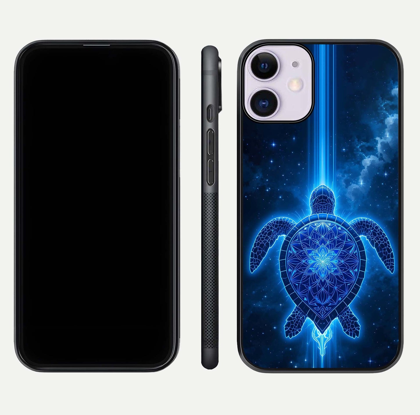 Blue Galaxy Turtle Glass Case for iPhone 11 front-and-back layout highlighting cosmic art and reflective glass