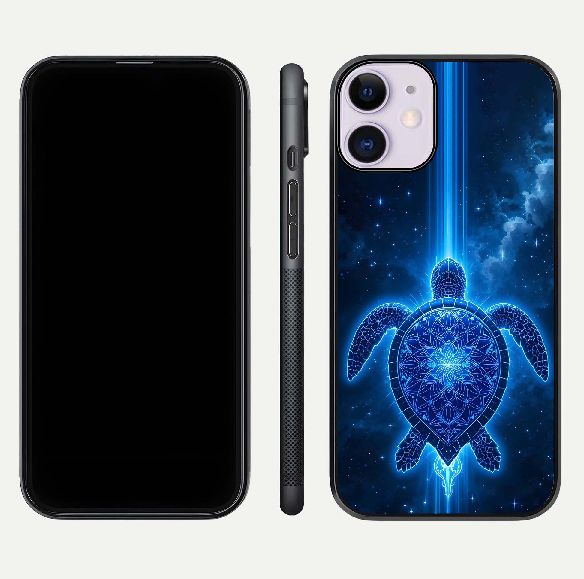 Blue Galaxy Turtle Glass Case for iPhone 11 front-and-back layout highlighting cosmic art and reflective glass