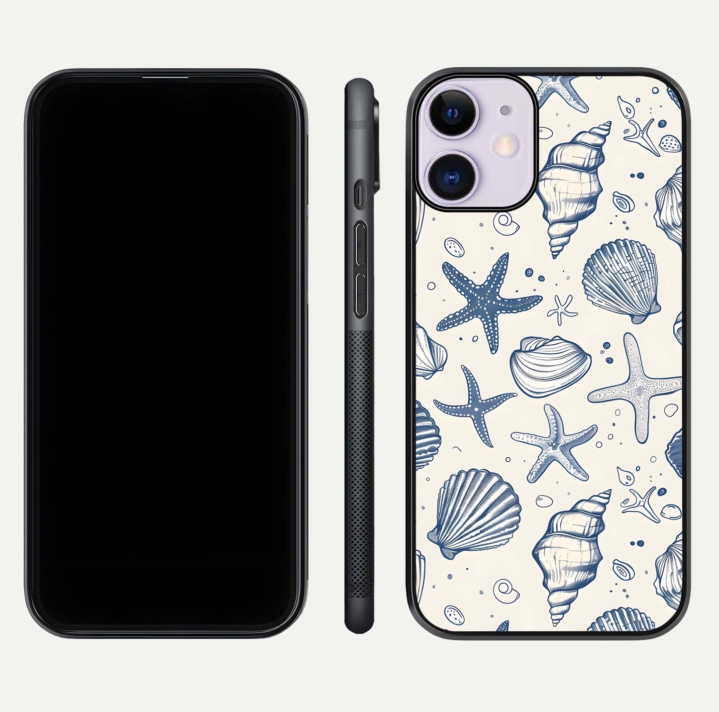 Blue Ocean Outline Glass Case for iPhone 11 front-and-back layout showing minimal wave design and HD gloss