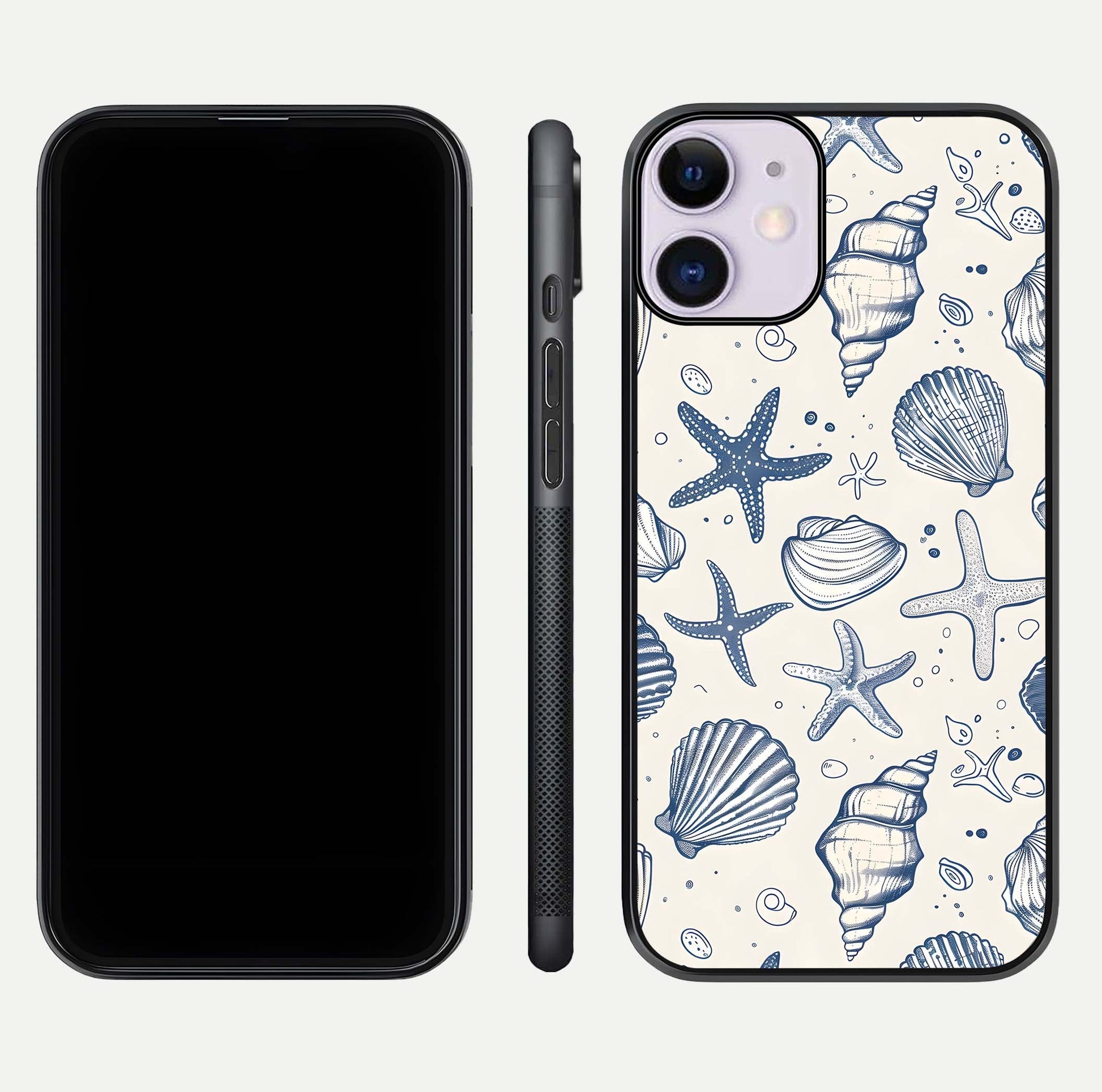Blue Ocean Outline Glass Case for iPhone 11 front-and-back layout showing minimal wave design and HD gloss