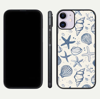 Blue Ocean Outline Glass Case for iPhone 11 front-and-back layout showing minimal wave design and HD gloss