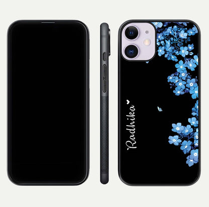 Blue Petal Dream Custom Name Glass Case for iPhone 11 dual-view layout showing text placement and premium finish