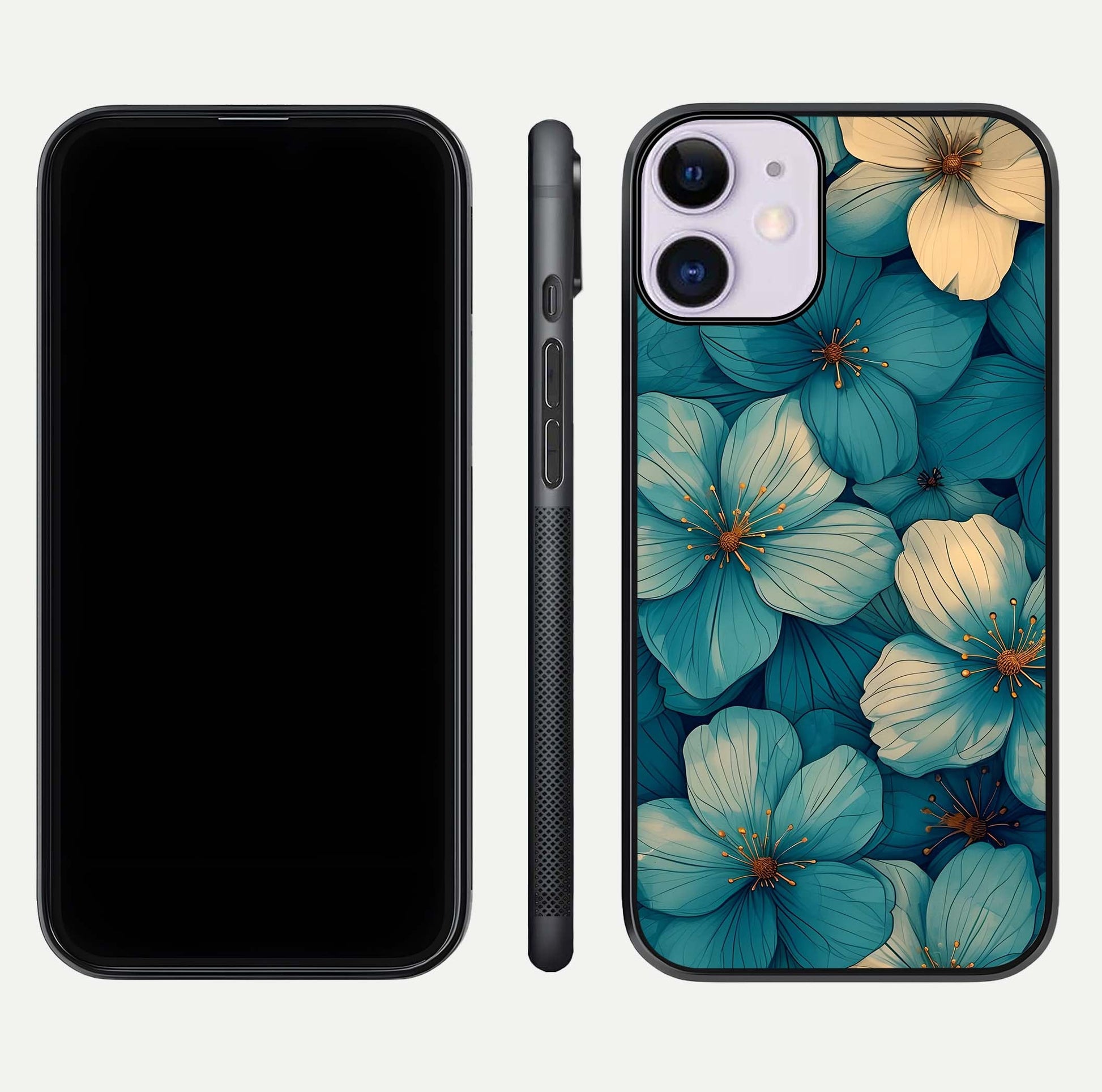 Blue Shade Floral Glass Case for iPhone 11 front-and-back layout displaying bloom contrast and edge polish