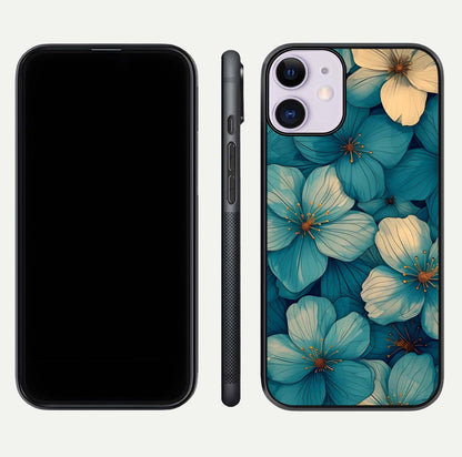 Blue Shade Floral Glass Case for iPhone 11 front-and-back layout displaying bloom contrast and edge polish