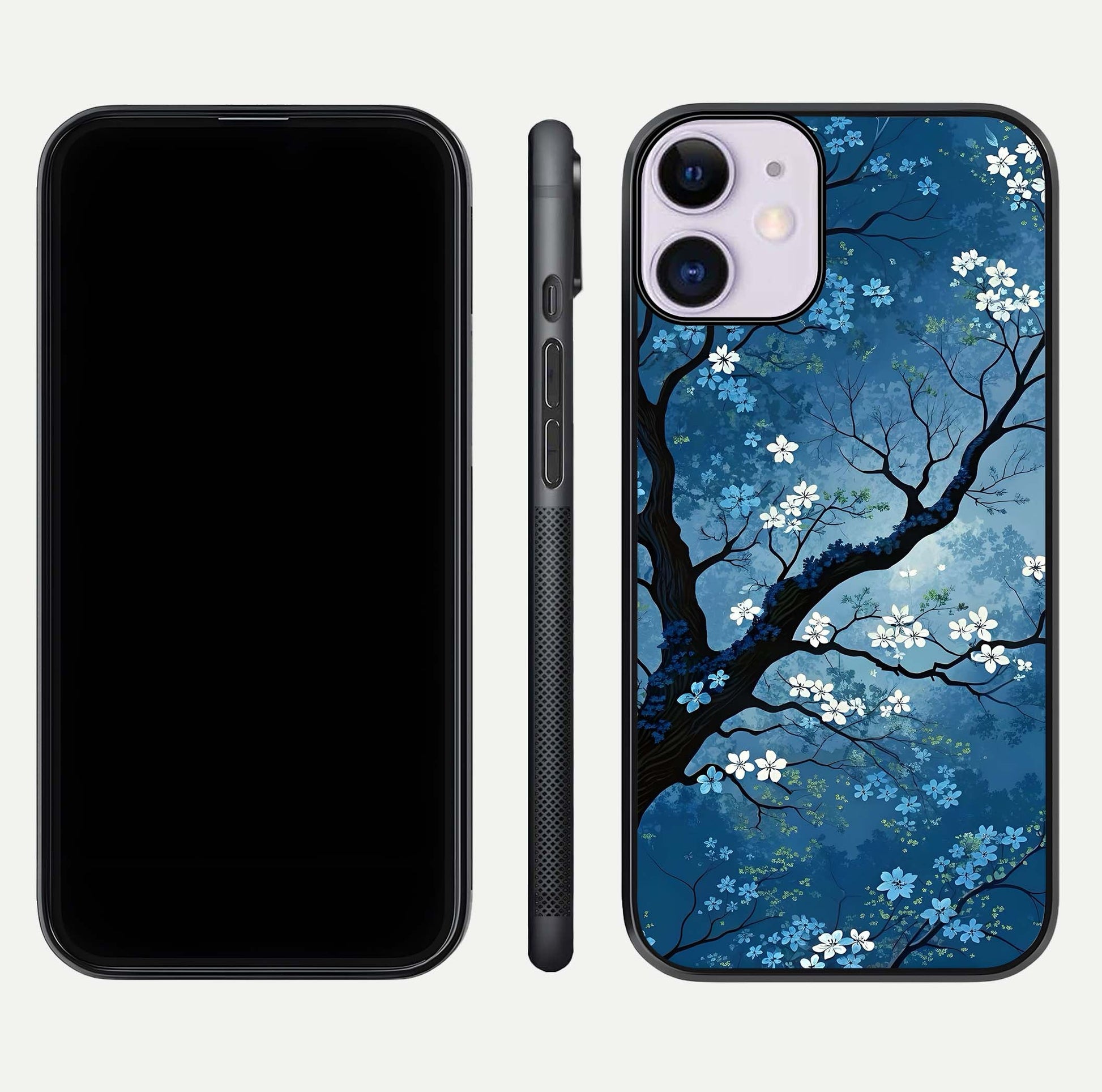 Blue Tree Serenity Glass Case for iPhone 11 front-and-back layout showing gradient background and smooth edges