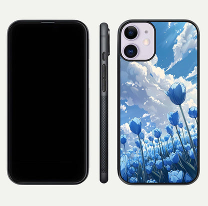 Blue Tulip Clouds Glass Case for iPhone 11 front-and-back layout showcasing floral detail and polished edges