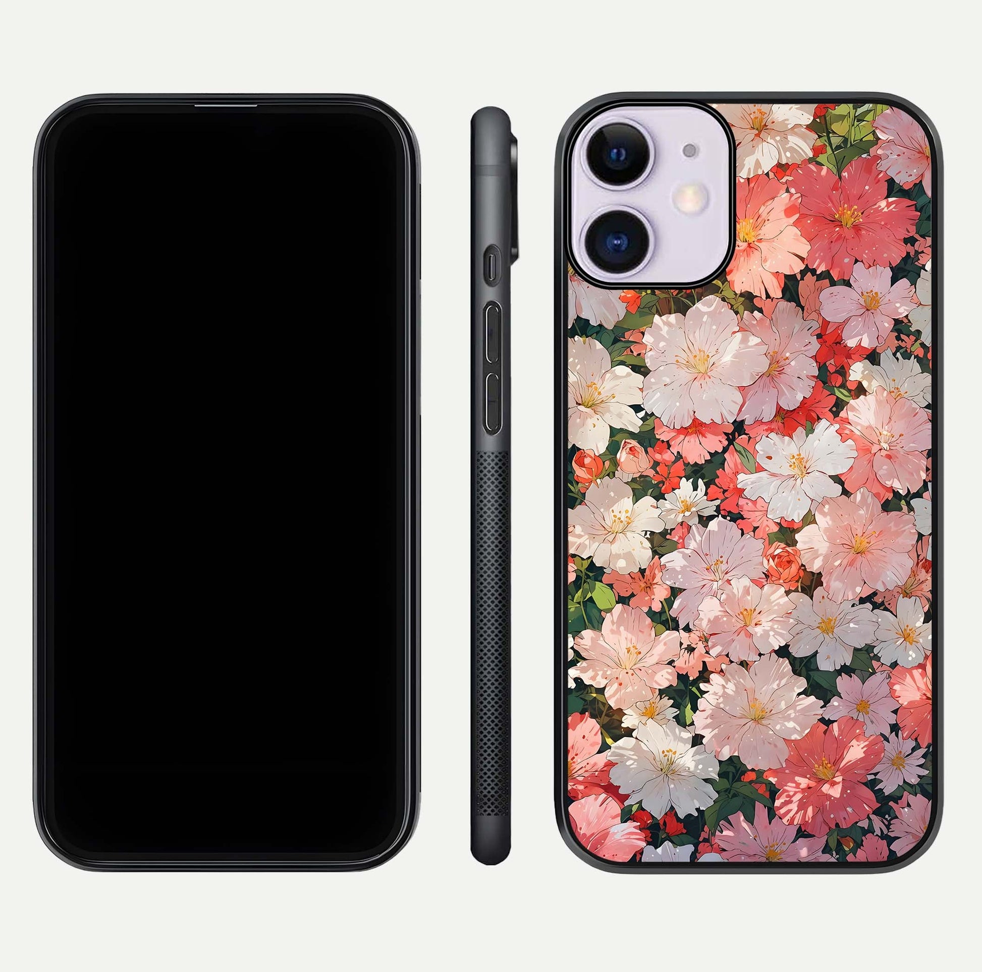 Blush Bloom Field Glass Case for iPhone 11 dual-view layout showing bloom arrangement and protective frame