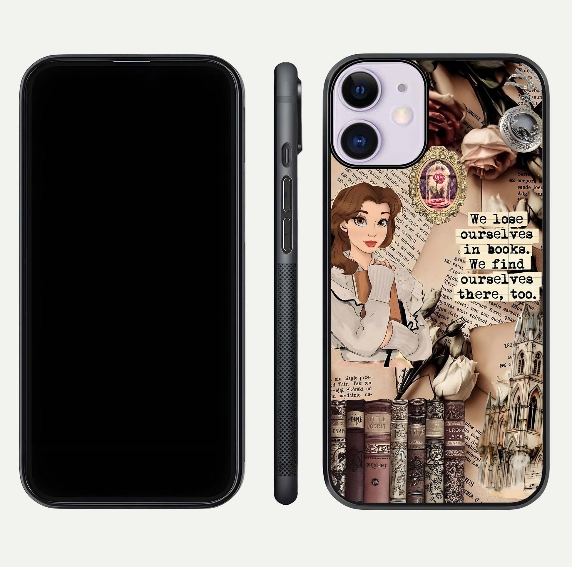 Bookish Dream World Glass Case for iPhone 11 dual-view layout displaying colorful fantasy print and edge finish