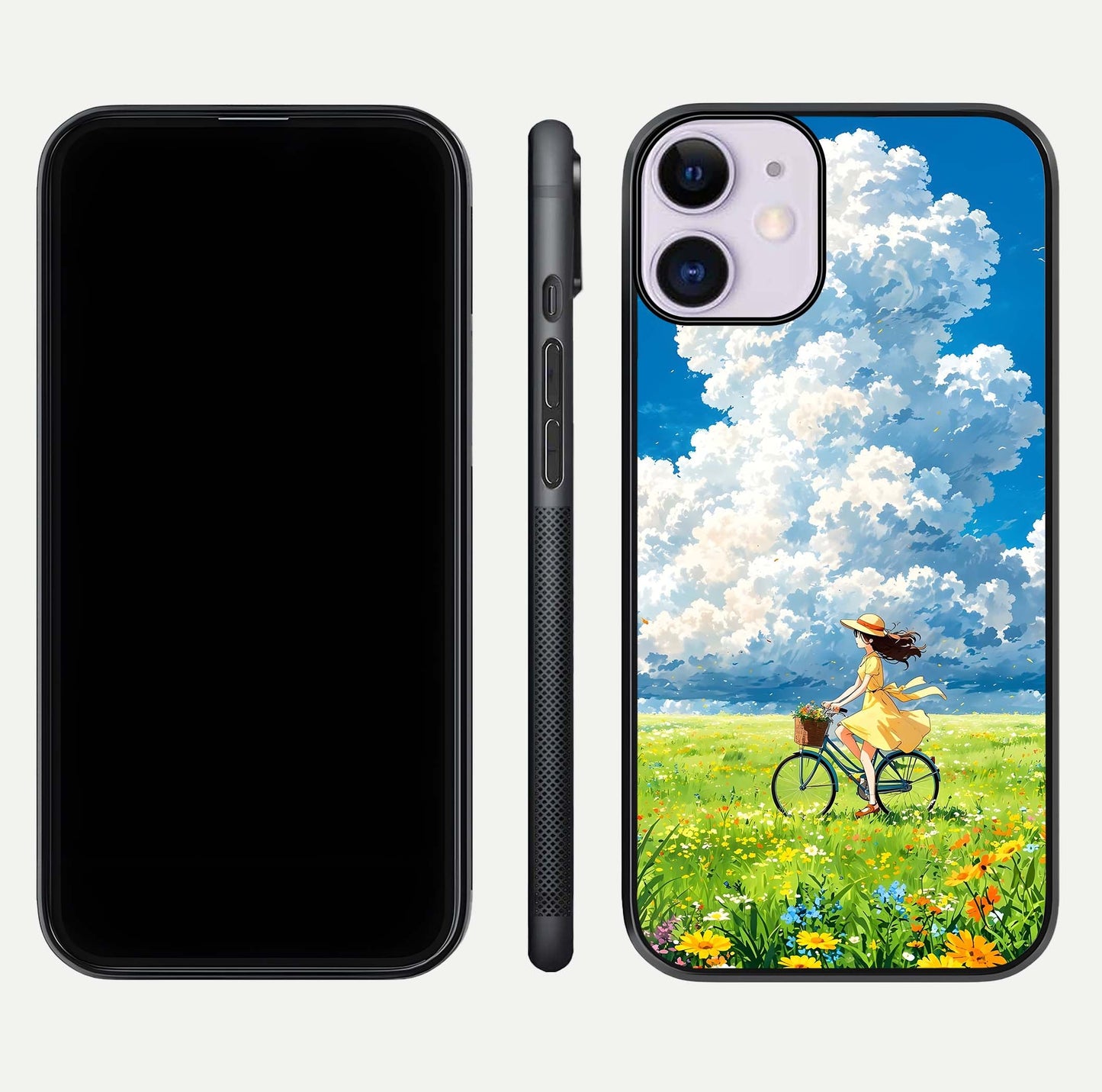 Breezy Meadow Ride Glass Case for iPhone 11 dual-view layout showing soft landscape design and reflection gloss