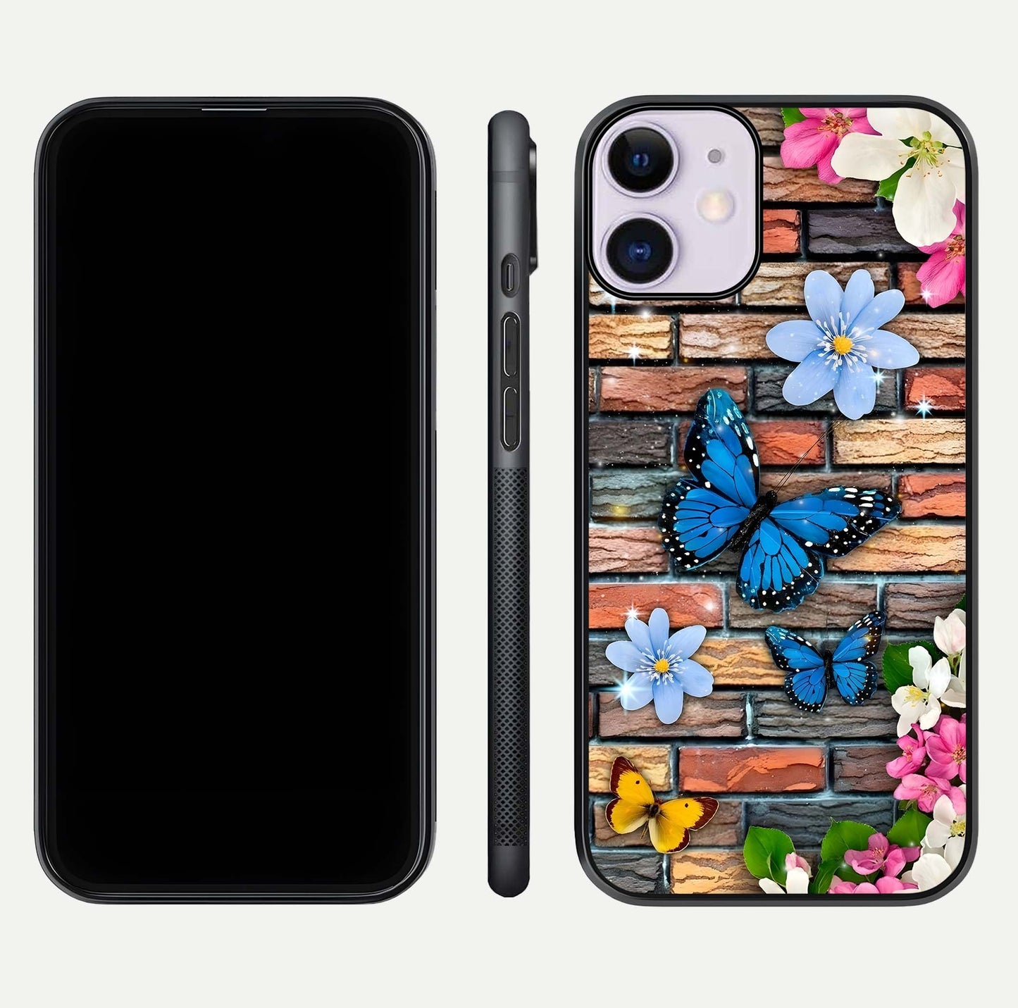 Brick Bloom Flight Glass Case for iPhone 11 dual-view layout showing bloom placement and protective edge design