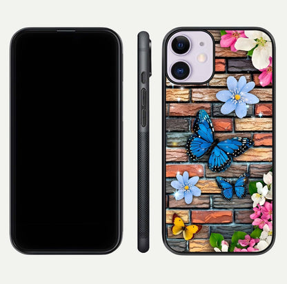 Brick Bloom Flight Glass Case for iPhone 11 dual-view layout showing bloom placement and protective edge design