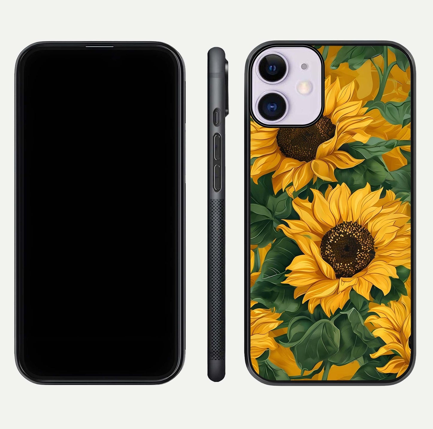 Bright Sunflower Bloom Glass Case for iPhone 11 dual-view layout displaying floral glow and curved glass edge