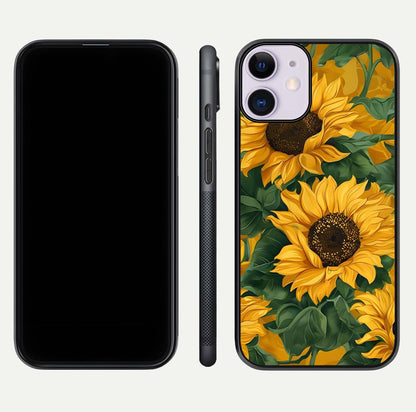 Bright Sunflower Bloom Glass Case for iPhone 11 dual-view layout displaying floral glow and curved glass edge