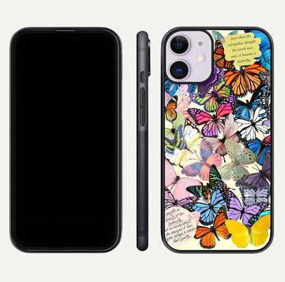Butterflies Petal Dream Glass Case for iPhone 11 front-and-back layout showcasing floral spread and reflection shine