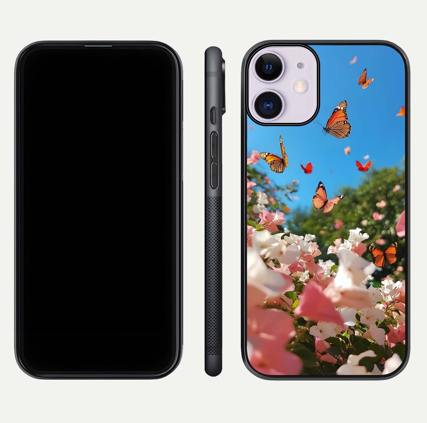 Butterflies in Bloom Sky Glass Case for iPhone 11 dual-view layout displaying elegant composition and glass gloss