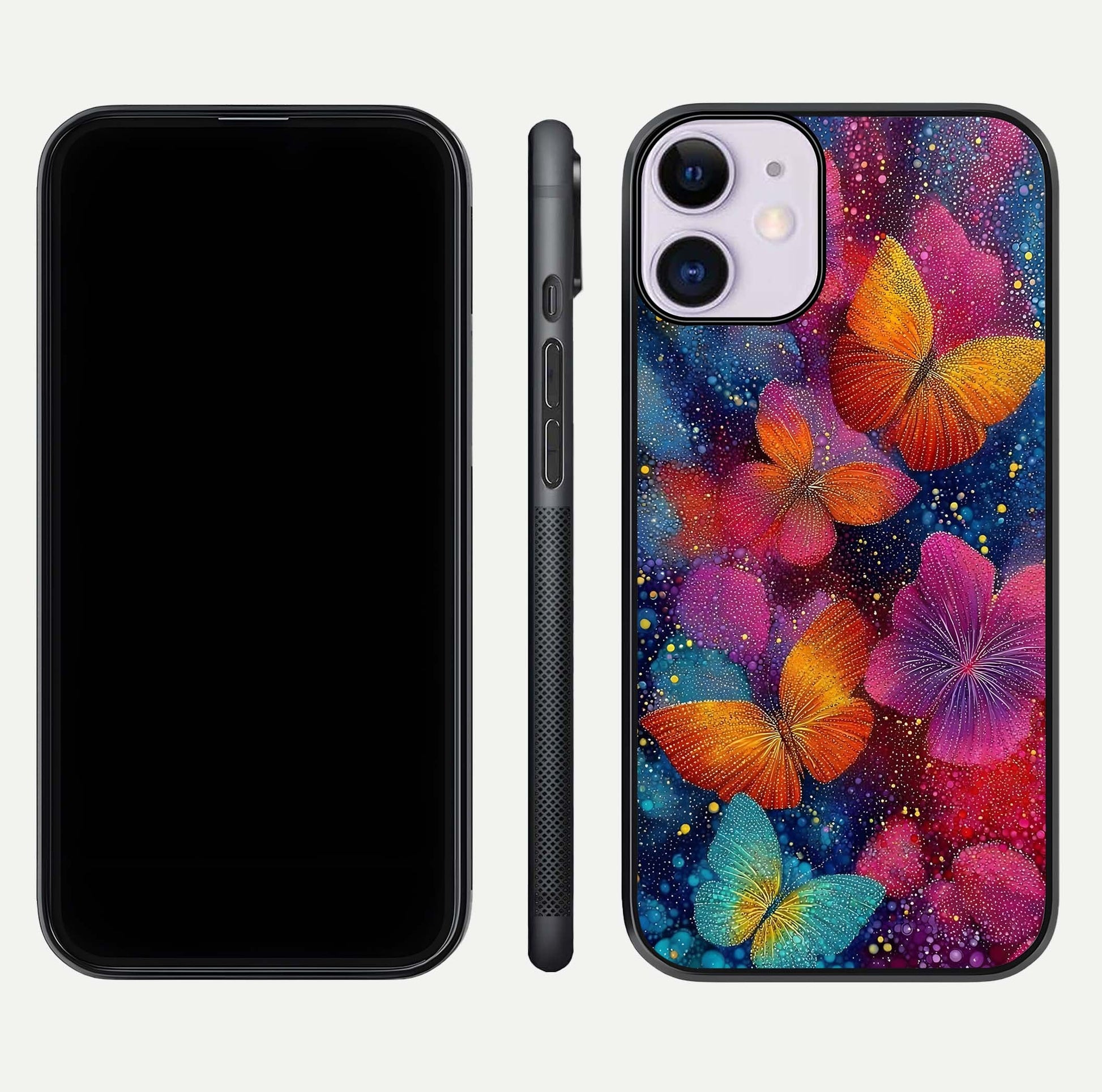 Butterfly Dream Mist Glass Case for iPhone 11 dual-view layout showing mist background and edge polish