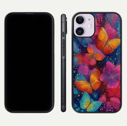 Butterfly Dream Mist Glass Case for iPhone 11 dual-view layout showing mist background and edge polish