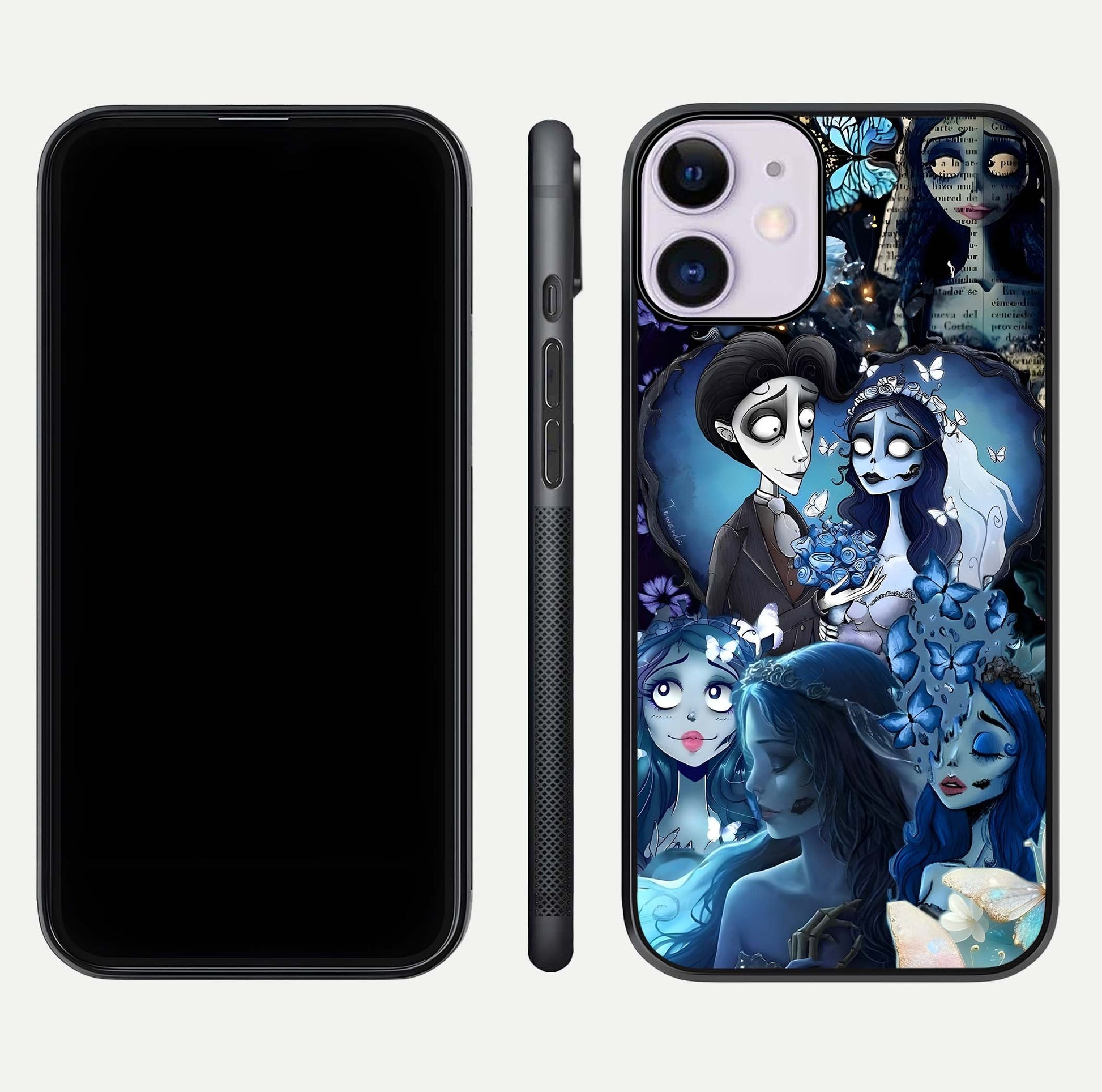 Butterfly Ghost Soul Glass Case for iPhone 11 front-and-back layout highlighting dark art balance and HD shine