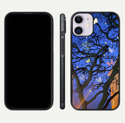 Butterfly Night Magic Glass Case for iPhone 11 dual-view layout displaying balanced art and edge clarity