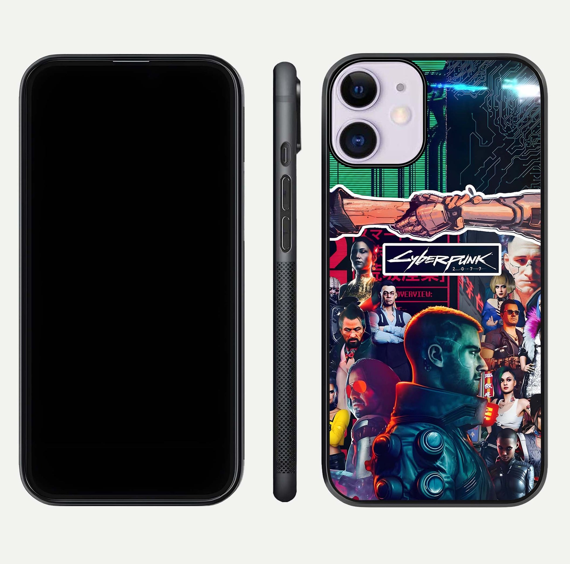 CYBERPUNK Legacy Glass Case for iPhone 11 dual-view layout showing cyberpunk hues and glass precision